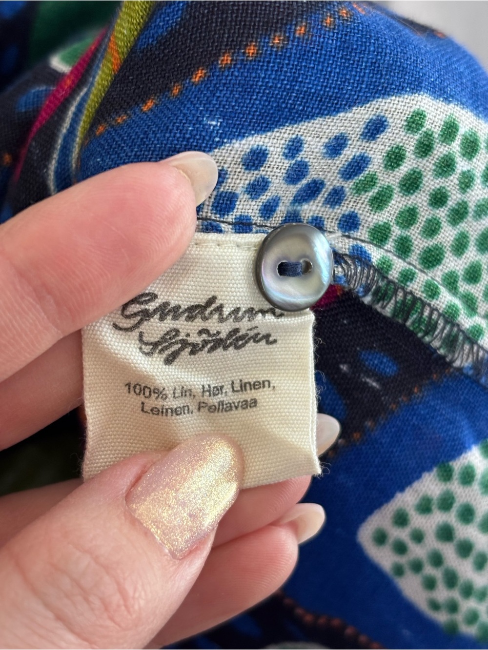 Gudrun Sjoden 100% Linen Blue Black Colorful Fruit Dress lagenlook Size Large - Picture 9 of 11